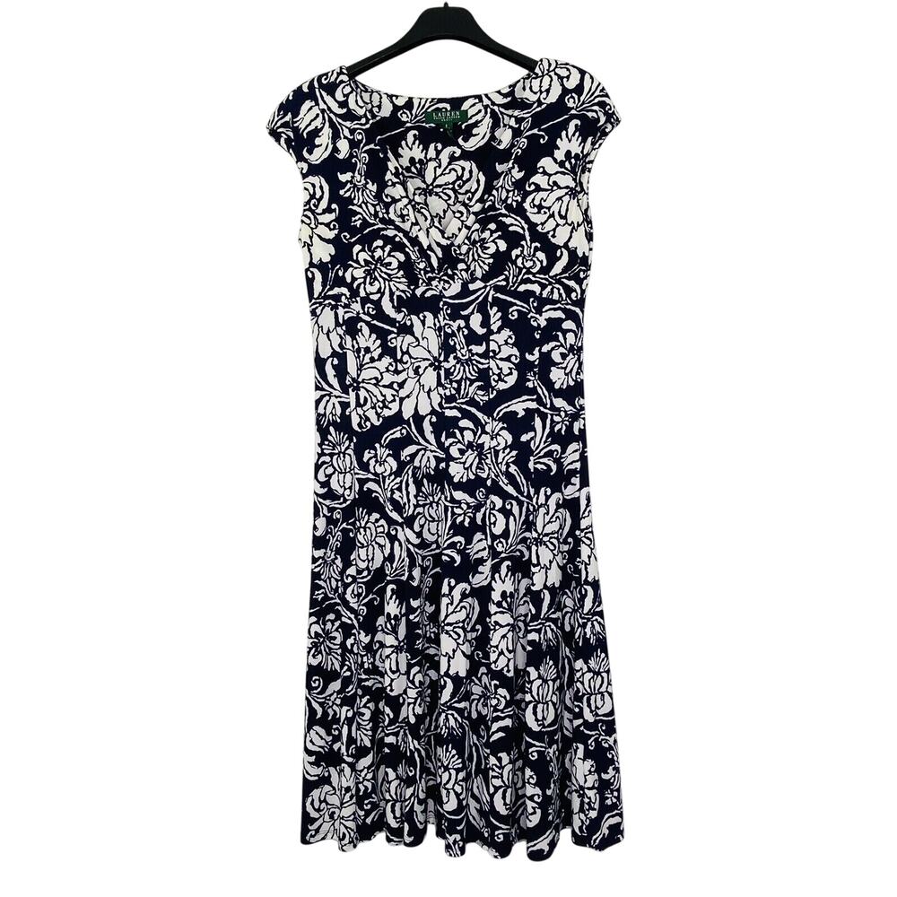 Ralph Lauren 8 Dress Blue Floral Midi Wrap Cap Sleeve Shoulder Pads Panel Skirt